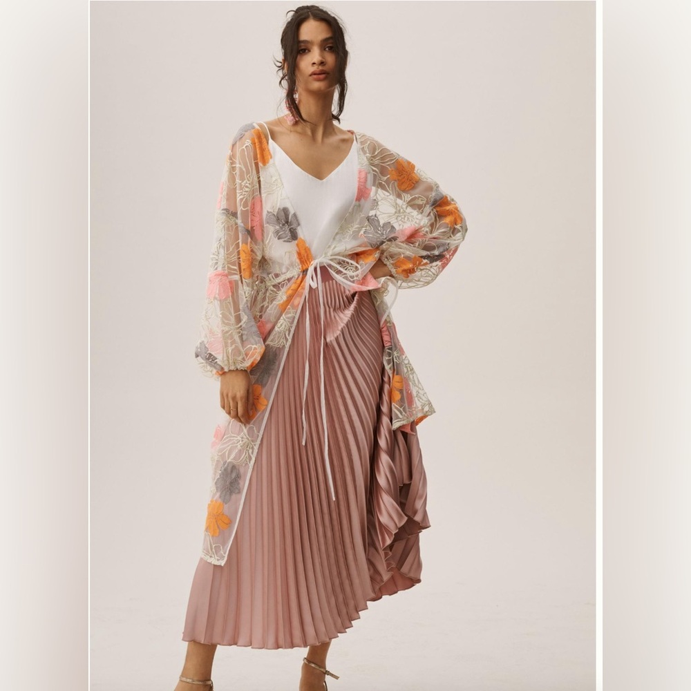Anthropologie Floral Shine Tie-Front Kimono